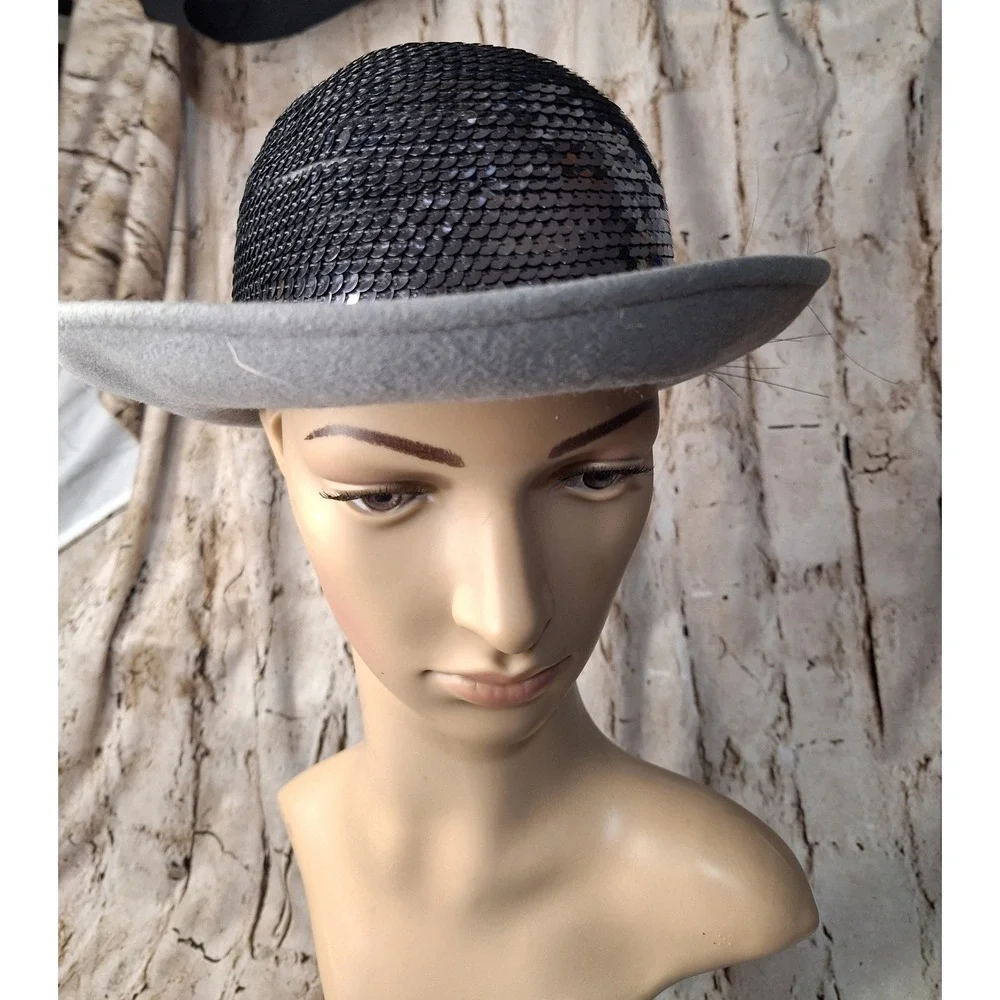 Vintage‎ Lancaster Styled by Coralie Wool Felt Sequin Bowler Hat Grey Black USA